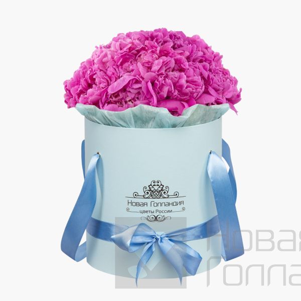 15 ярко-розовых пионов в голубой шляпной коробке №790
